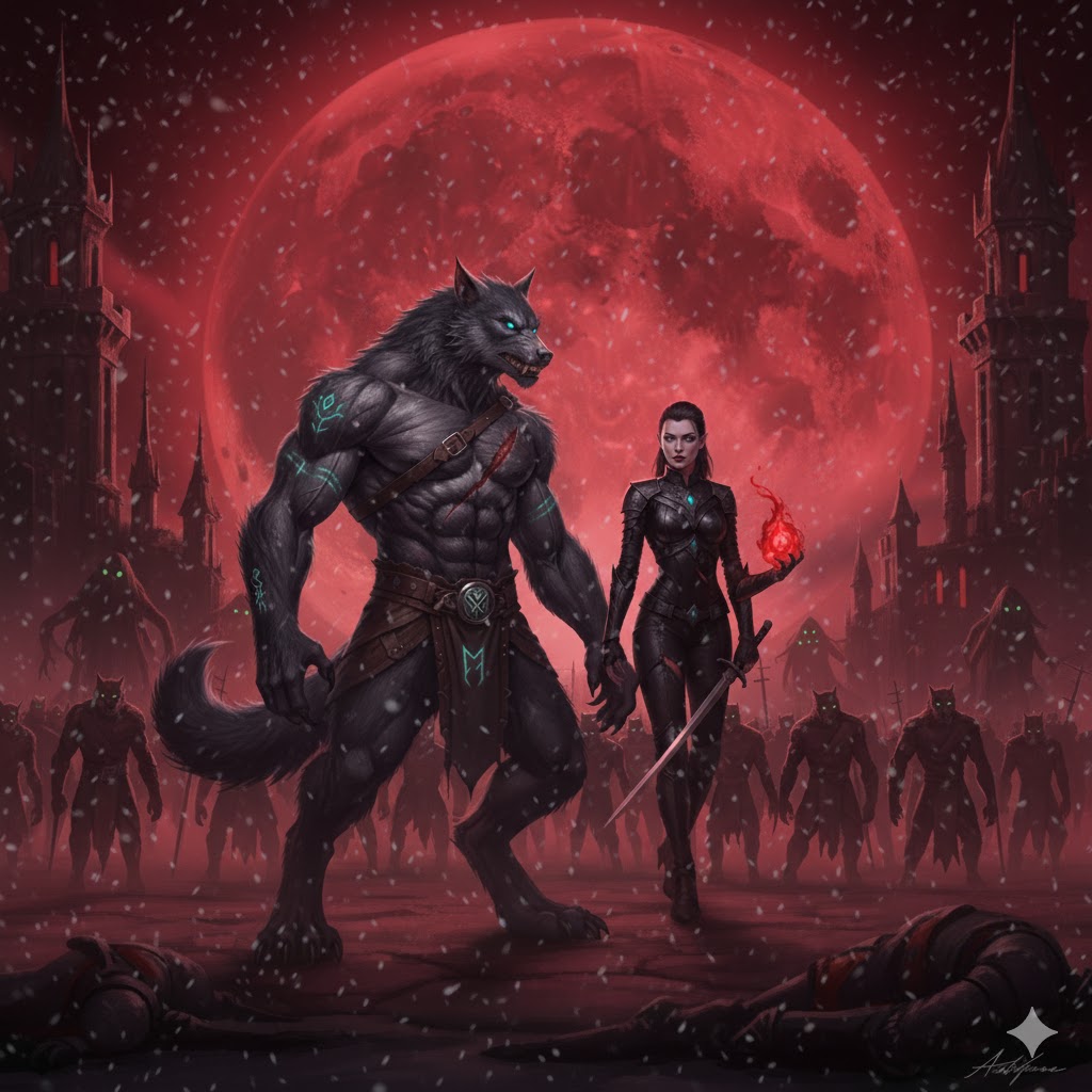 Werewolves and vampires standing together against greater darkness, gothic castle, blood moon, united alliance
